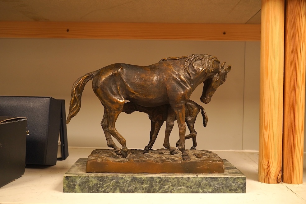 After C. Fratin, bronze study of a horse and foal, signed, on marble plinth, 29cm wide